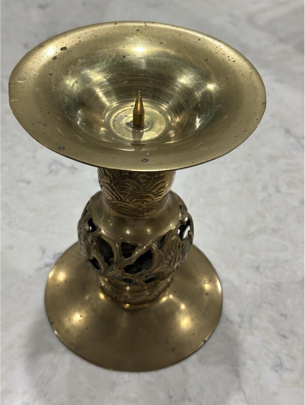 Vintage Solid Brass Pedestal Candlestick Holder MCM Mid Century Spoke Plate